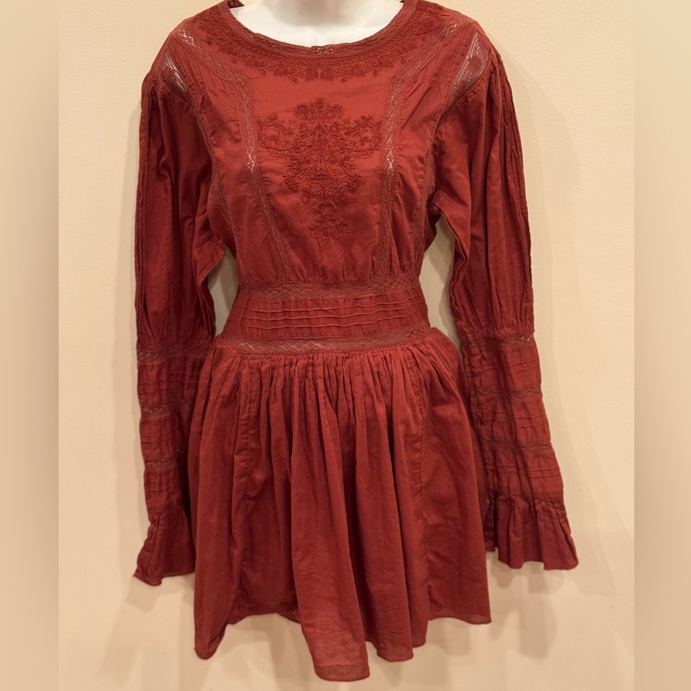 Free People Terracotta Embroidered Mini Dress